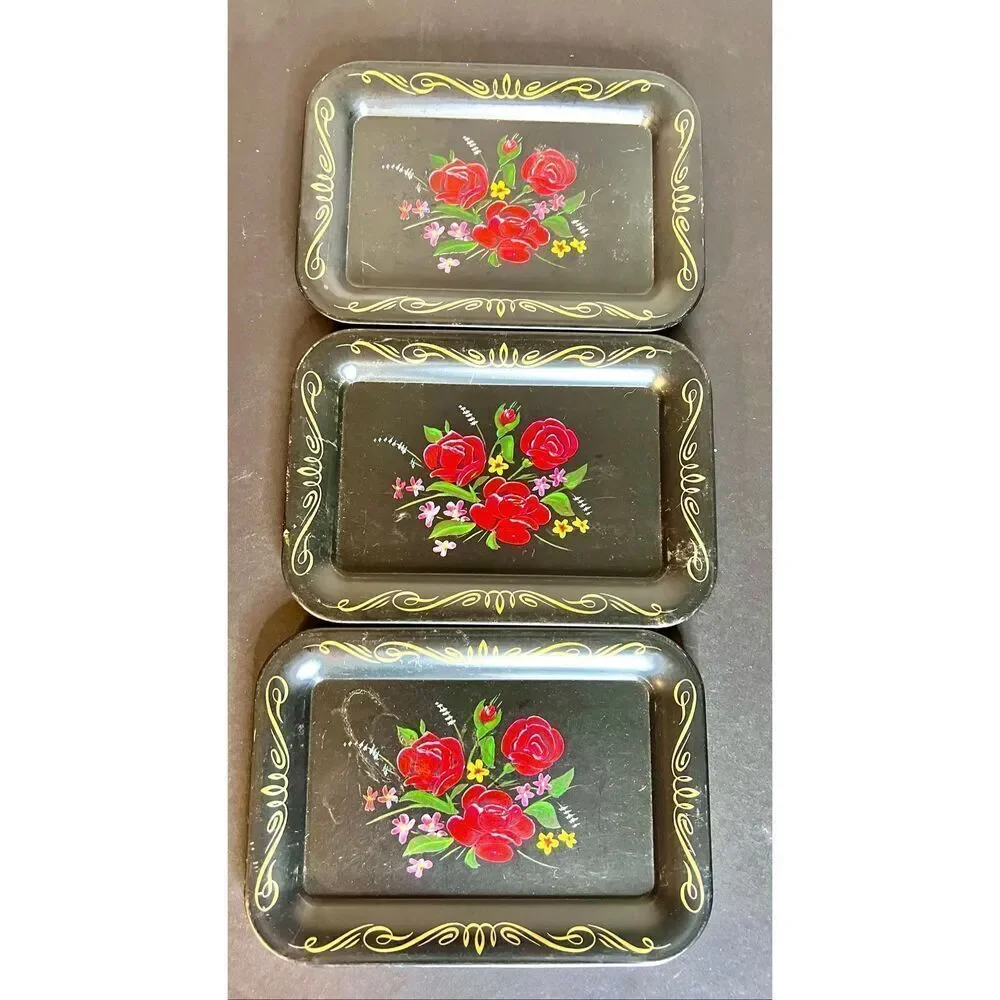 3 Vintage Trinket Trays Metal Black Floral Vanity Small Set Roses